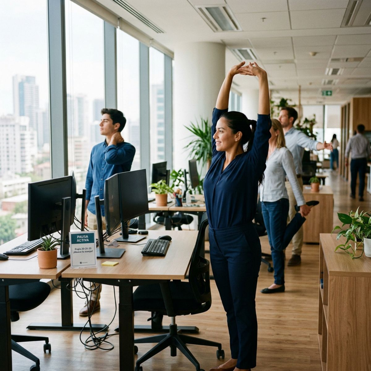 Trabajador realizando una pausa activa y descansando la vista en la oficina